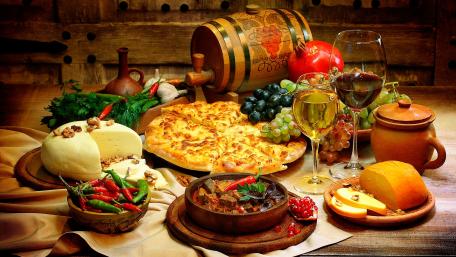Rustic Feast with Pizza and Wine wallpaper