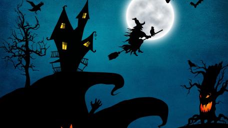 Spooky Night with a Witch and Full Moon wallpaper