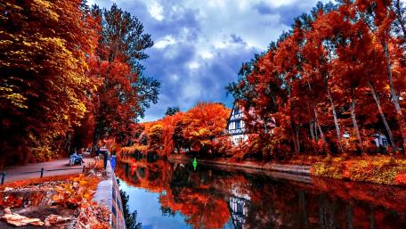 Red Autumn Canal Reflection wallpaper