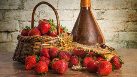 Fresh Strawberries in a Rustic Setting with Unique Accents wallpaper