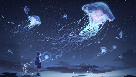 Ethereal Night Encounter with Ocean Drifters wallpaper