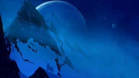 Futuristic Nightscape with Distant Moons and Mountains wallpaper