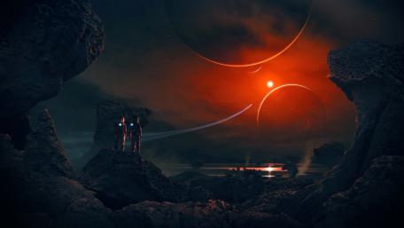 Astronauts Gaze at Alien Sunset wallpaper