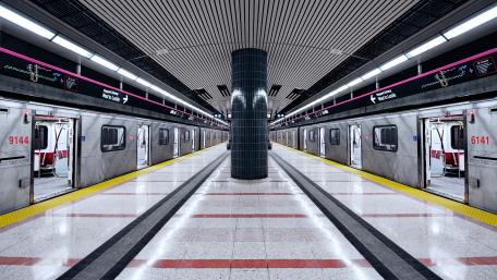 Modern Subway Station with Symmetrical Design and Trains Arriving wallpaper