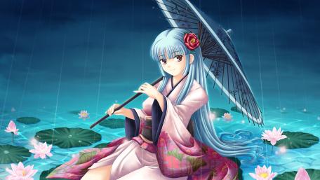 Mystical Rainy Evening with Yokai Anime Girl wallpaper