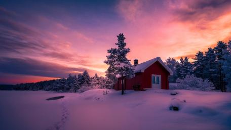 Crimson Cabin under Twilight Sky wallpaper