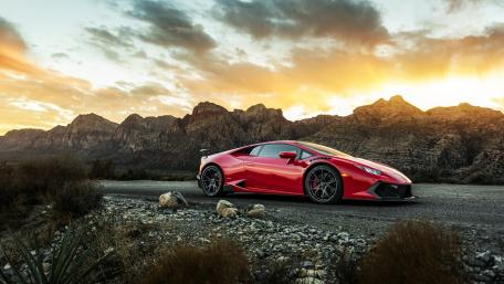 Sleek Lamborghini at Sunset in Stunning Landscape wallpaper