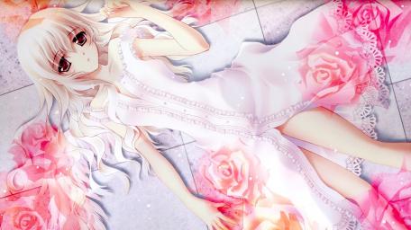 Elegant Anime Girl Surrounded by Pink Roses wallpaper