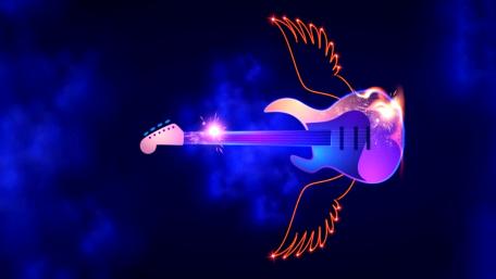 Flying guitar in blue sky wallpaper