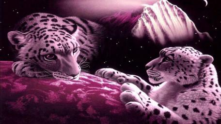 Majestic Snow Leopards in Moonlit Fantasy wallpaper