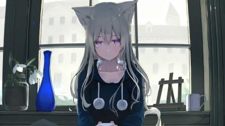 Mysterious Cat-Ear Girl Contemplation wallpaper