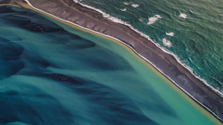 Aerial view of River Thjorsa and Atlantic Ocean wallpaper