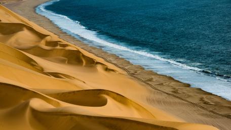 Golden Desert Dunes Meet the Ocean wallpaper