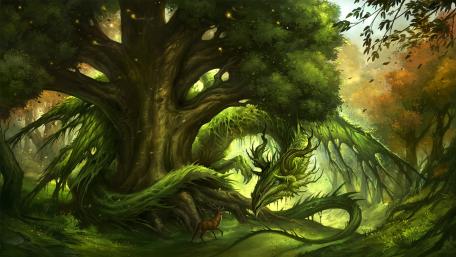 Mystical Green Dragon in Enchanted Forest wallpaper