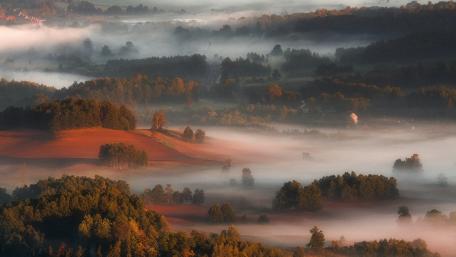 Mystical Morning Fog Over Rolling Hills wallpaper