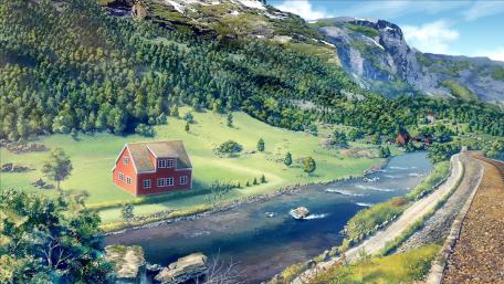 Serene Cottage by the River in Nature's Embrace wallpaper