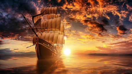 Sunset Voyage into a Fantastical Realm wallpaper