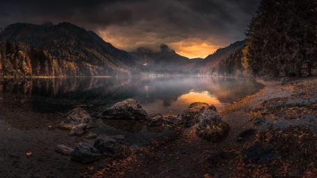 Misty Lake at Dawn in a Serene Valley wallpaper