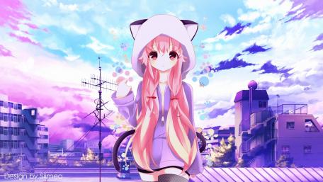 Whimsical Sunset with Pink-Haired Anime Girl wallpaper