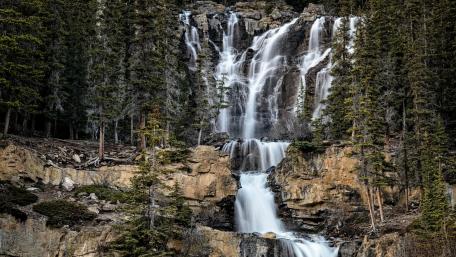 Majestic Waterfall in a Serene Forest Setting wallpaper