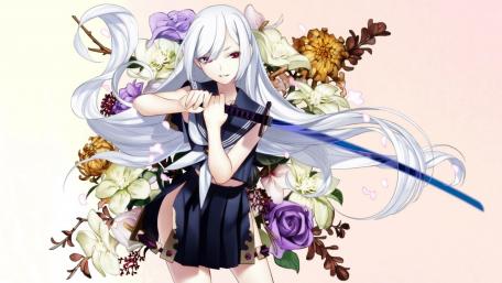 Elegant Anime Warrior with Floral Backdrop wallpaper