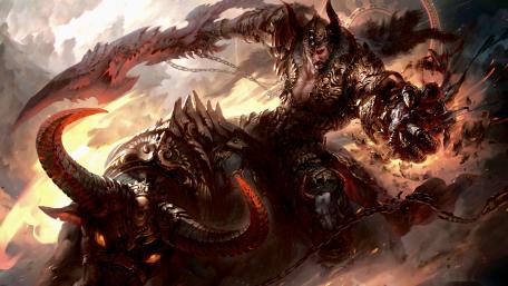 Epic Warrior Confronts Chaos in Fantasy Realm wallpaper