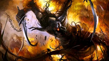 Epic Battle with a Dark Foe in a Fiery Realm wallpaper