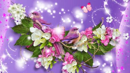 Whimsical Birds Among Blossoms in Fantasy Garden wallpaper