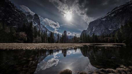 Majestic Valley Reflection in Nature's Embrace wallpaper
