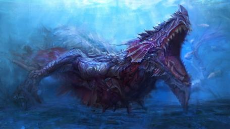 Majestic Water Dragon in Mythical Depths wallpaper