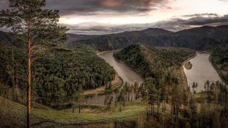 Serene River Bend in Lush Landscape wallpaper