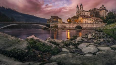 Majestic Castle by the River at Dusk wallpaper