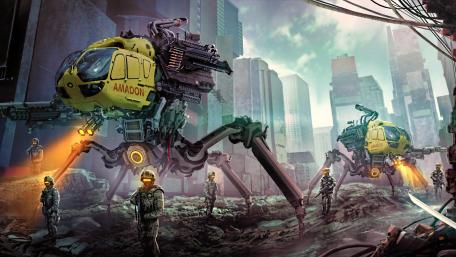 Military Robots in a Futuristic Cityscape wallpaper