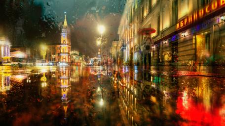 Vibrant City Reflections After Rainfall wallpaper