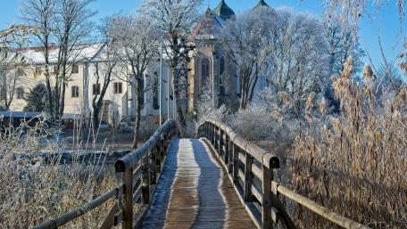 Serene Winter Bridge Amid Frosty Landscape wallpaper