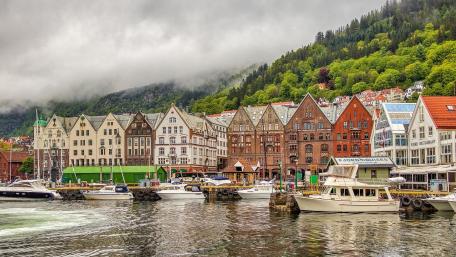 Scenic Harbor View of Bergen's Historic Wharf Gates wallpaper