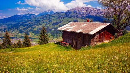 Serene Cottage in a Lush Field Amidst Mountains wallpaper