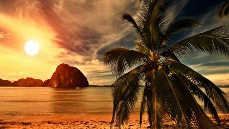Serene Sunset Over Tropical Seychelles Beach wallpaper