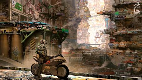 Motorcycle Rider in a Futuristic Metropolis wallpaper