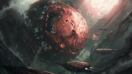 Dystopian Orb Amidst the Ruins wallpaper