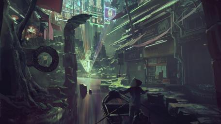 Cyberpunk market set in ancient ruins wallpaper