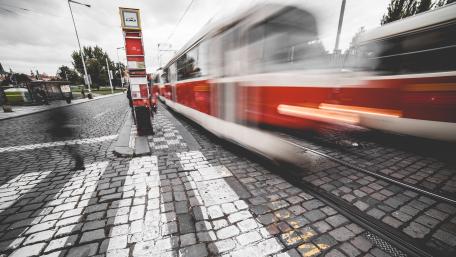 Dynamic Tram Scene in Urban Settings wallpaper