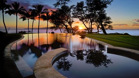 Serene Sunset Reflections by the Pool wallpaper