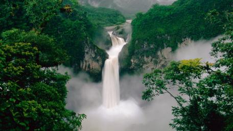 Majestic Waterfall Amidst Lush Greenery wallpaper