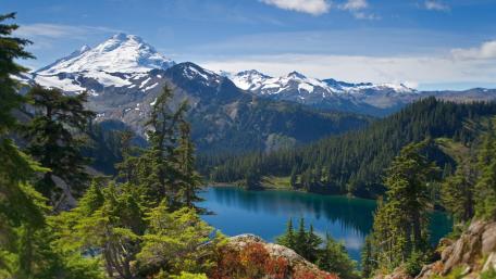 Breathtaking Mountain Lake View with Majestic Peaks wallpaper