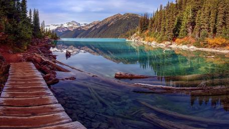Serene Lakeside Reflection Amidst Majestic Mountains wallpaper