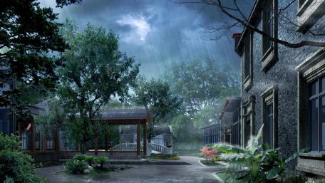 Rainy Townscape in Digital Fantasy Art wallpaper