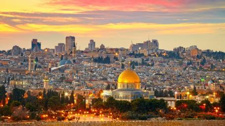 Golden Dome at Sunset Over Jerusalem Skyline wallpaper