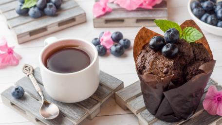 Delicious Chocolate Muffin and Tea Delight wallpaper
