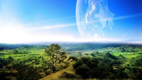 Futuristic Fantasy Landscape under a Distant Planet wallpaper